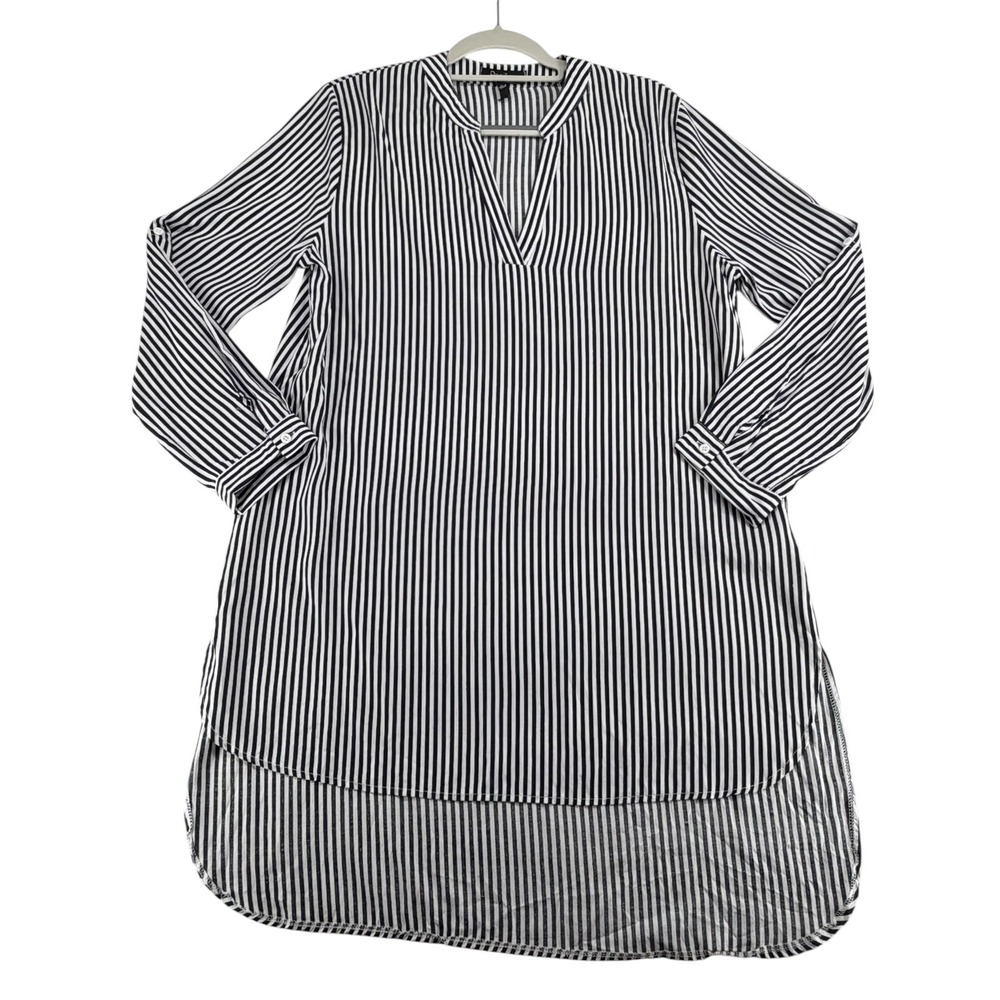 Papillon Womens L Black White Striped Tunic Blouse Roll Tab Sleeve Hi Low Top